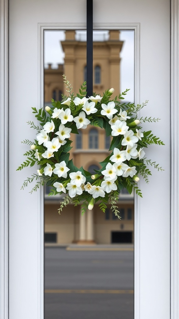 A chic white and green wreath with flowers and greenery hanging on a door.