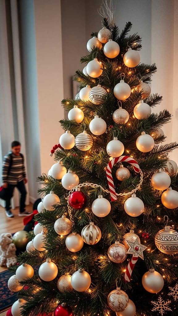 A beautifully decorated Christmas tree with white ornaments and warm lights.