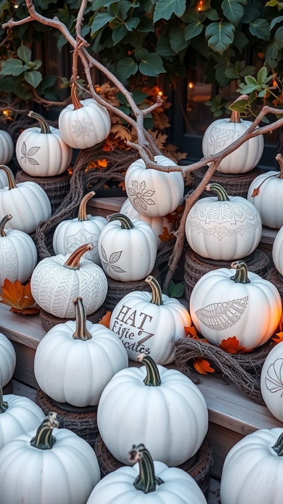 A beautiful arrangement of white pumpkins with intricate designs, surrounded by twigs and autumn leaves, creating a cozy Halloween decor.