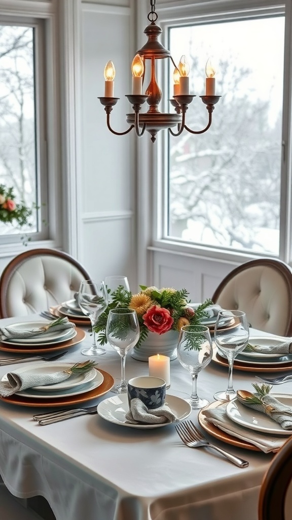 A beautifully set winter dining table with elegant tableware and a floral centerpiece.