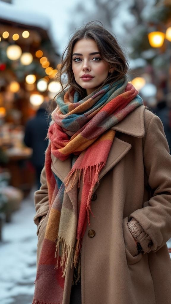 A woman wearing a chic wool coat and a colorful scarf, standing outdoors in a winter setting.