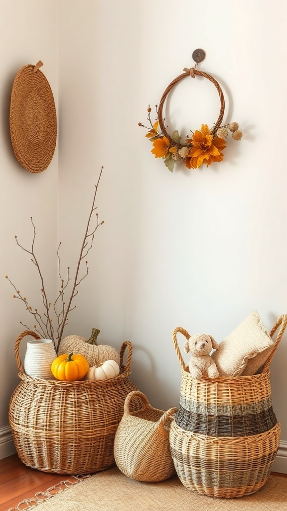 A cozy corner with woven baskets filled with pumpkins and pillows, alongside a decorative wreath.