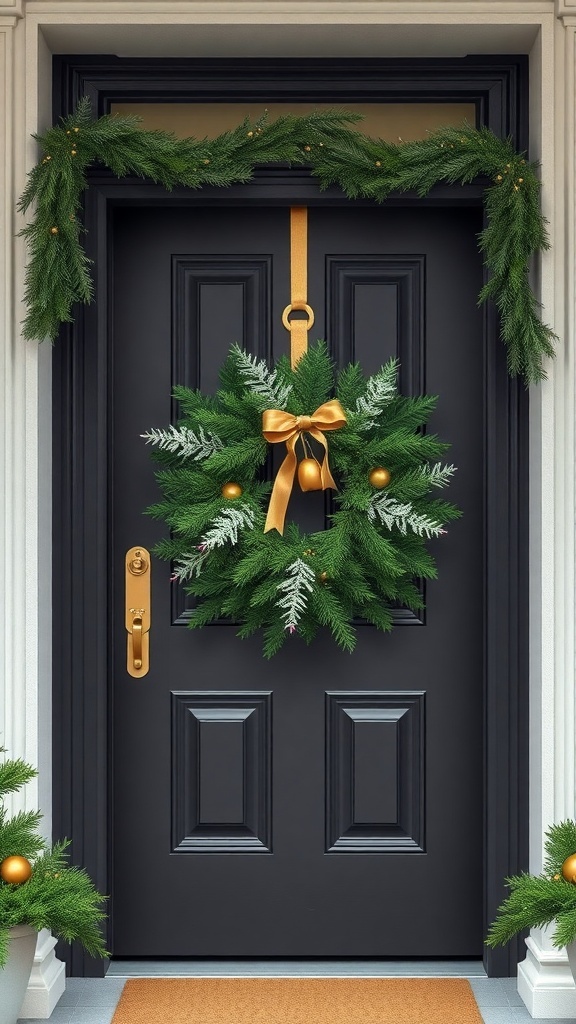 A classy Christmas wreath on a black front door with greenery and gold accents.