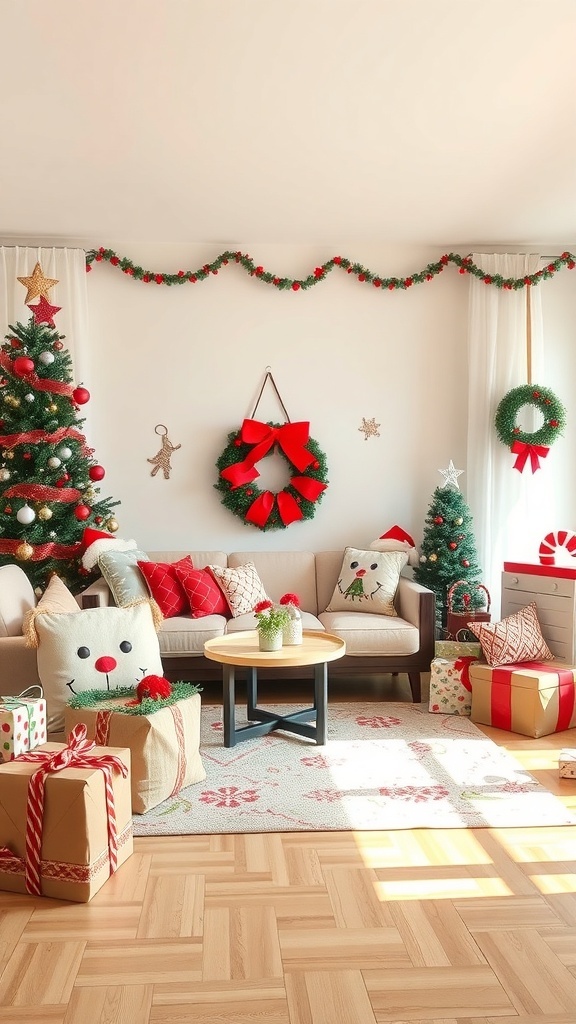 A cozy living room decorated for Christmas with a tree, wreaths, and colorful gifts.