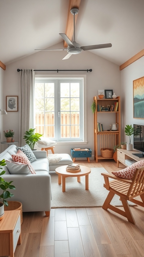A cozy modern cottage living room with soft furnishings and playful decor.