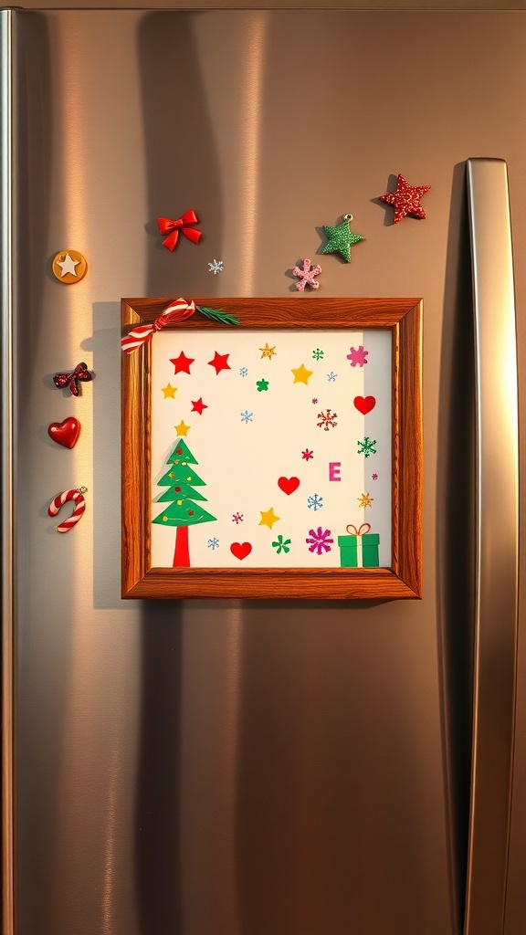 A colorful Christmas frame displaying children's artwork on a refrigerator.