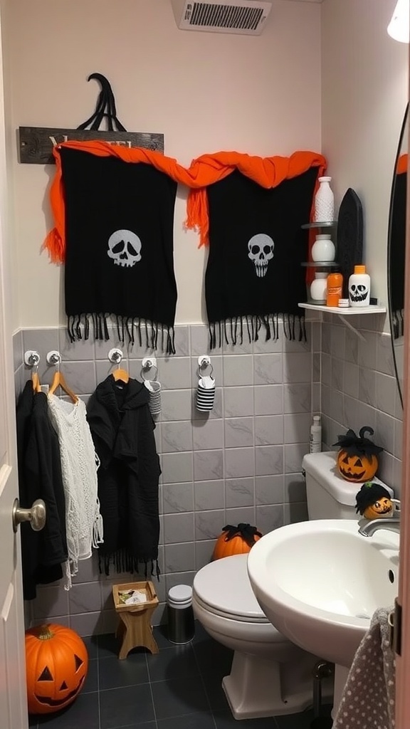A Halloween-themed bathroom with black skull throws, orange accents, and playful pumpkin decorations.