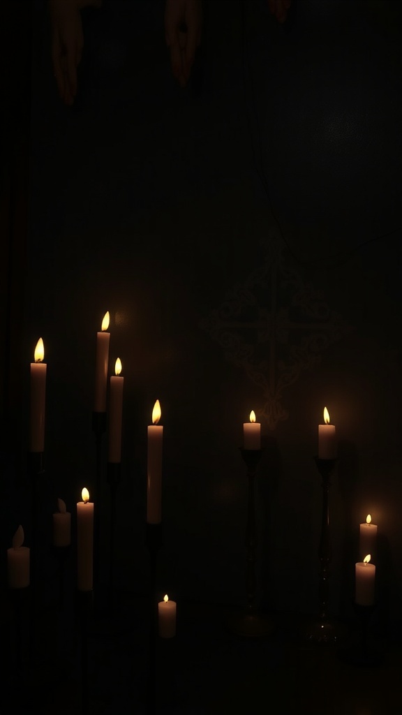 A collection of candles in varying heights, casting a warm glow in a dark setting.