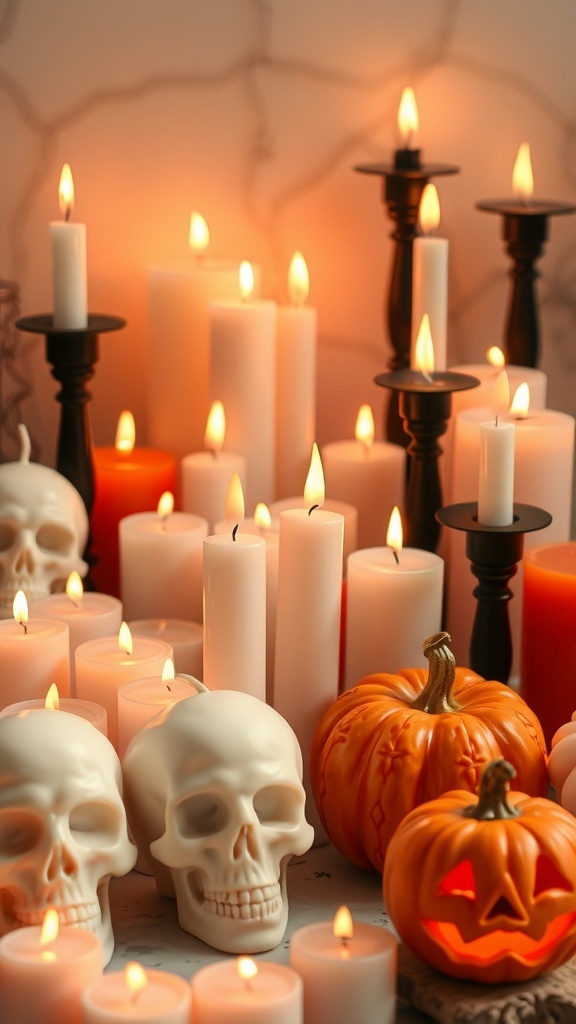 A Halloween candle arrangement featuring various candles, skulls, and a carved pumpkin.