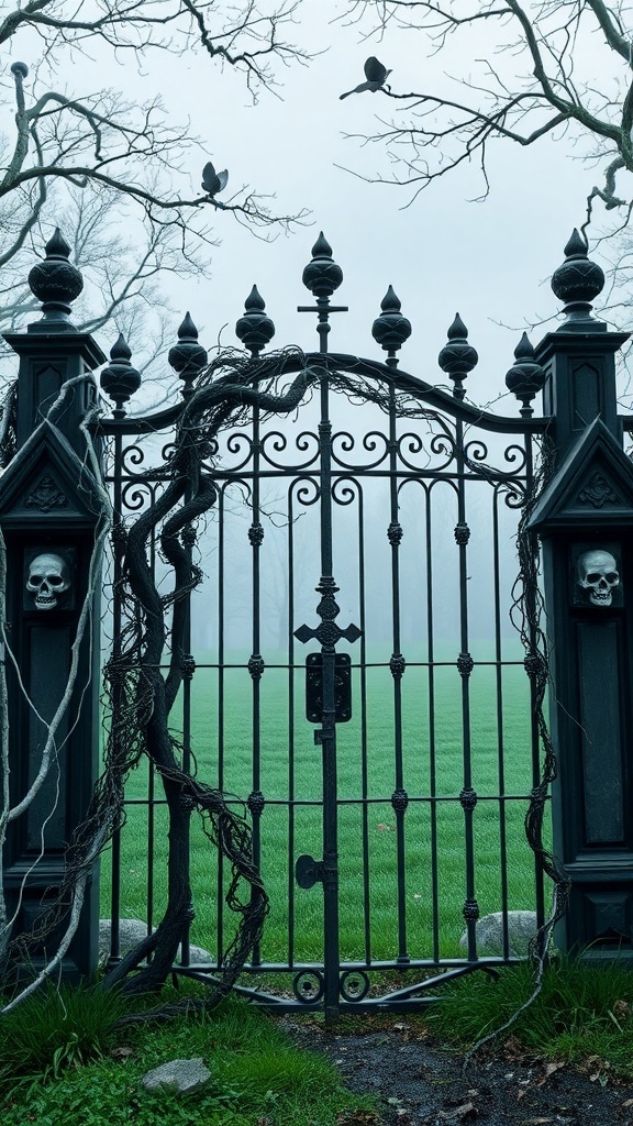A spooky cemetery fence with skulls and vines, set in a foggy atmosphere.
