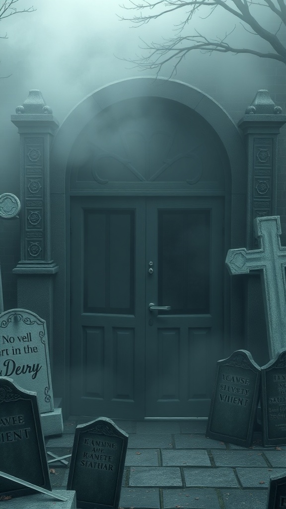 A spooky door surrounded by tombstones and fog, creating a chilling cemetery scene.