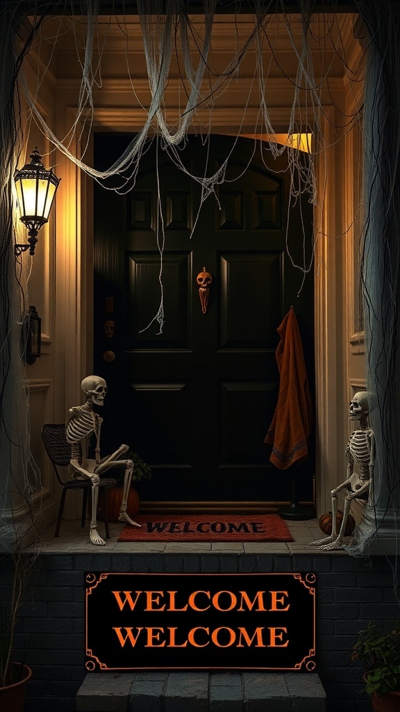 A Halloween-themed entryway with cobwebs, skeletons, and a welcoming mat.