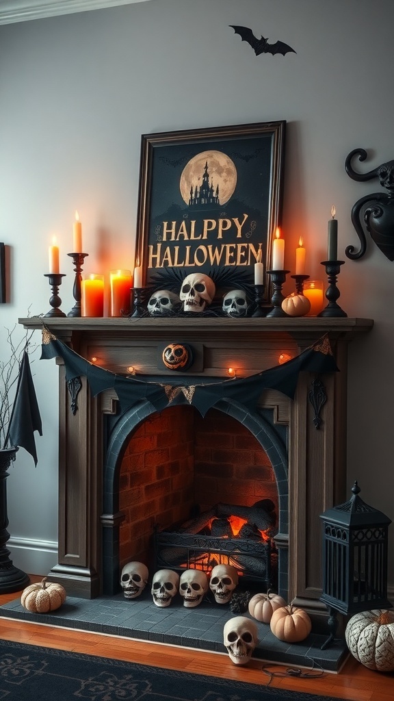 Halloween themed fireplace mantel decorated with skulls, candles, pumpkins, and a 'HAPPY HALLOWEEN' sign.