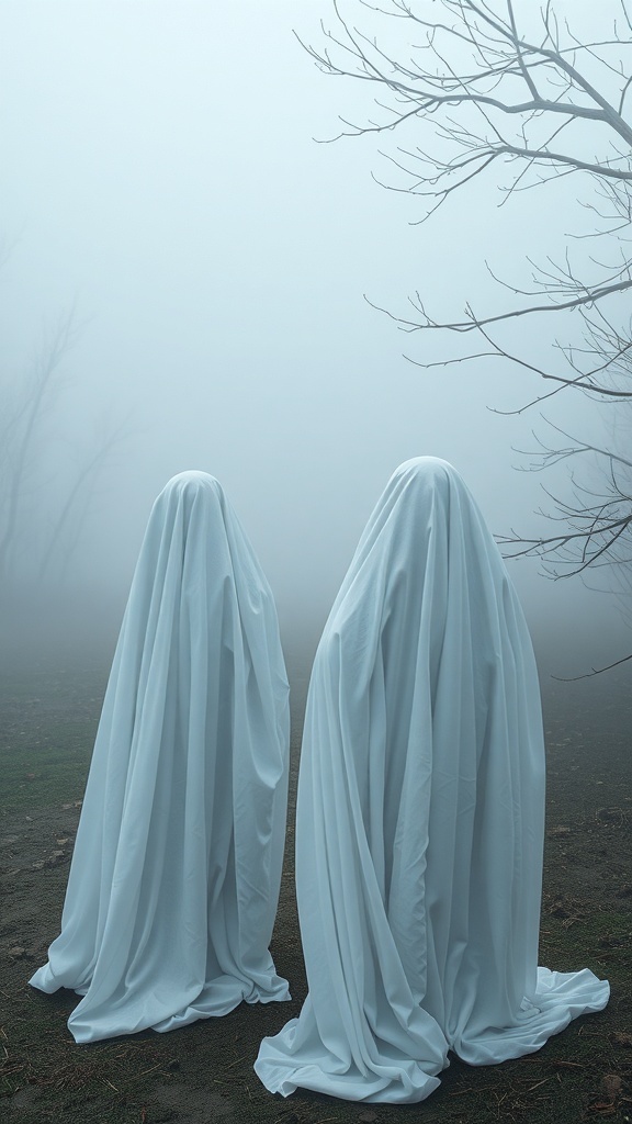 Two ghostly figures in white sheets standing in a foggy landscape with bare trees.