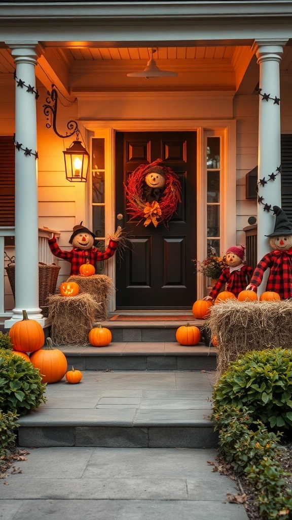 A Halloween-themed front porch with scarecrows, pumpkins, and a cozy lantern.