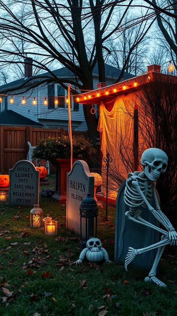 A spooky outdoor Halloween display featuring a skeleton, gravestones, jack-o'-lanterns, and lanterns.