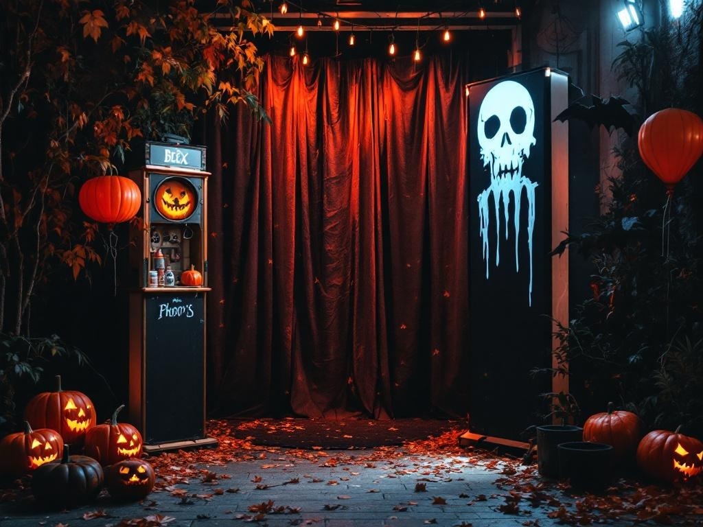 Halloween themed photo booth with pumpkins, skull graphic, and dark curtains