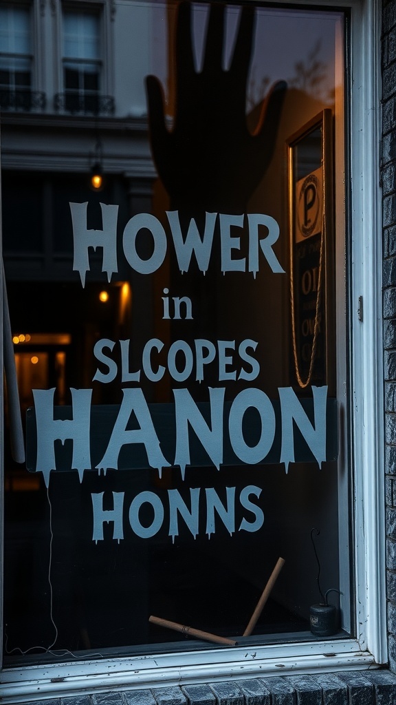 Halloween window display featuring a large hand silhouette and spooky lettering