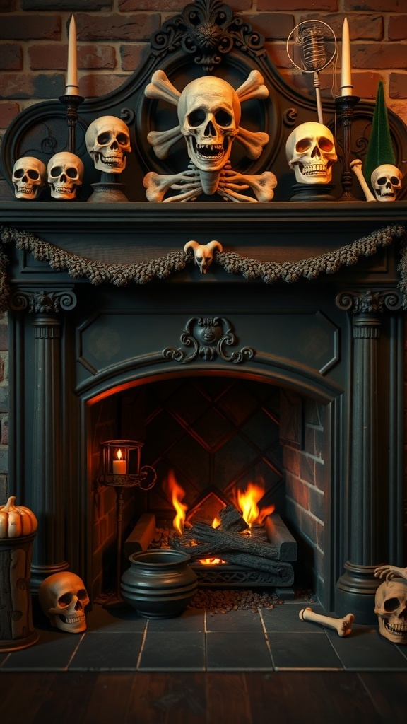 A Halloween-themed fireplace decorated with skulls, candles, and a glowing fire.