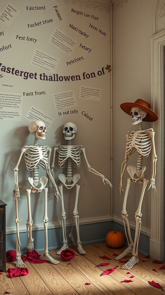 Three skeletons in a playful pose with Halloween decorations on the wall.
