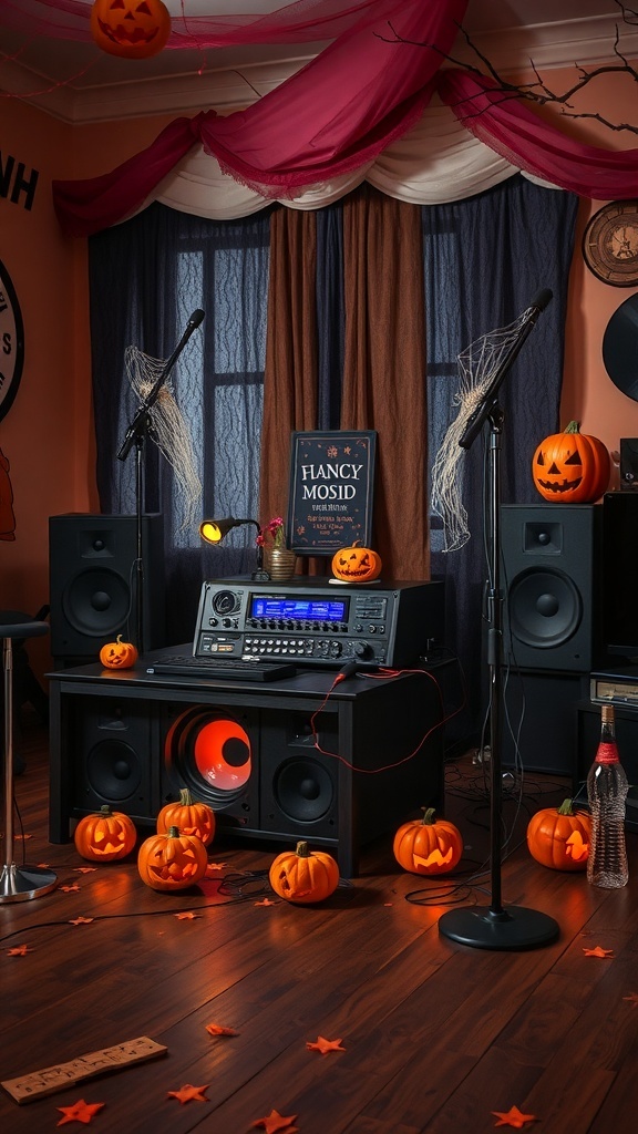 A Halloween-themed room with a sound system, decorated with pumpkins and spooky elements.