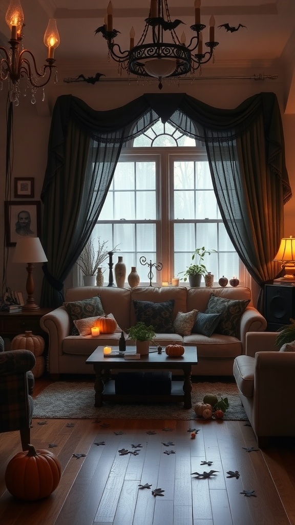 A cozy Halloween-themed living room with pumpkins, candles, and spooky decor.