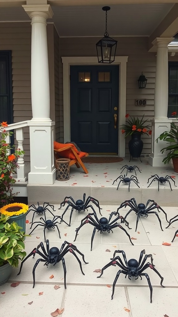 A porch decorated with large black plastic spiders scattered on the steps, surrounded by colorful flowers and plants.