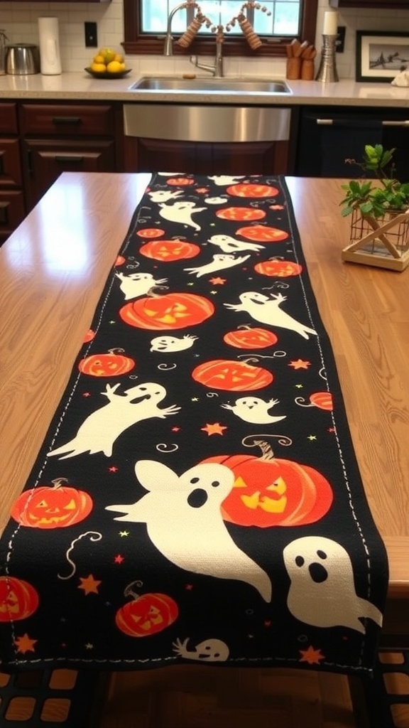 A Halloween-themed table runner with ghosts and pumpkins on a wooden kitchen table.
