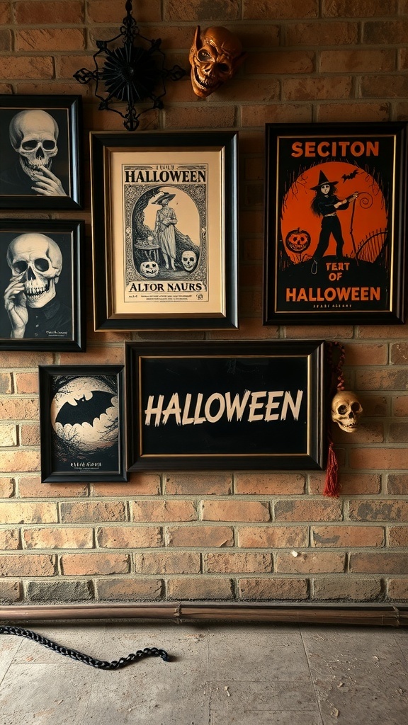 A collection of Halloween-themed wall art, including skulls, witches, and bats, arranged on a brick wall.