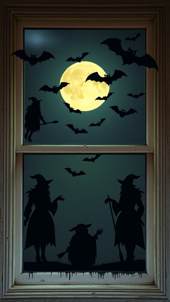 A window with silhouettes of witches and bats against a full moon.