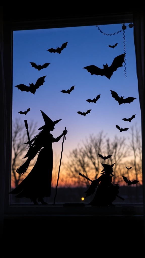 Silhouettes of witches and bats against a colorful sunset sky