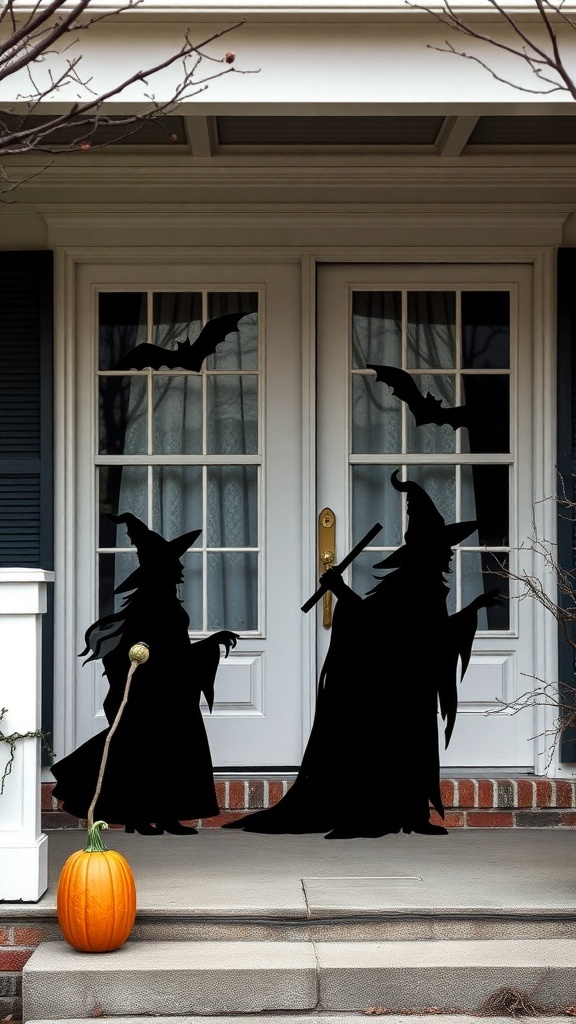 Halloween window silhouettes of a witch and wizard with bats, alongside a pumpkin on the porch.