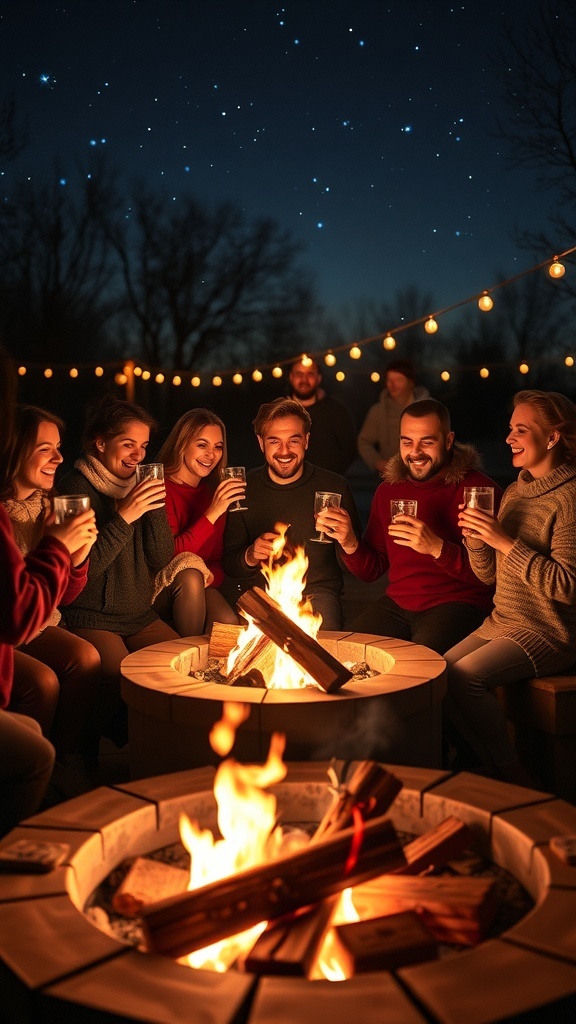 A group of friends gathered around a fire pit on a chilly evening, enjoying warm drinks and sharing stories under a starry sky.