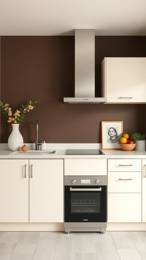 A modern kitchen featuring a chocolate brown accent wall, light cabinets, and stylish decor.
