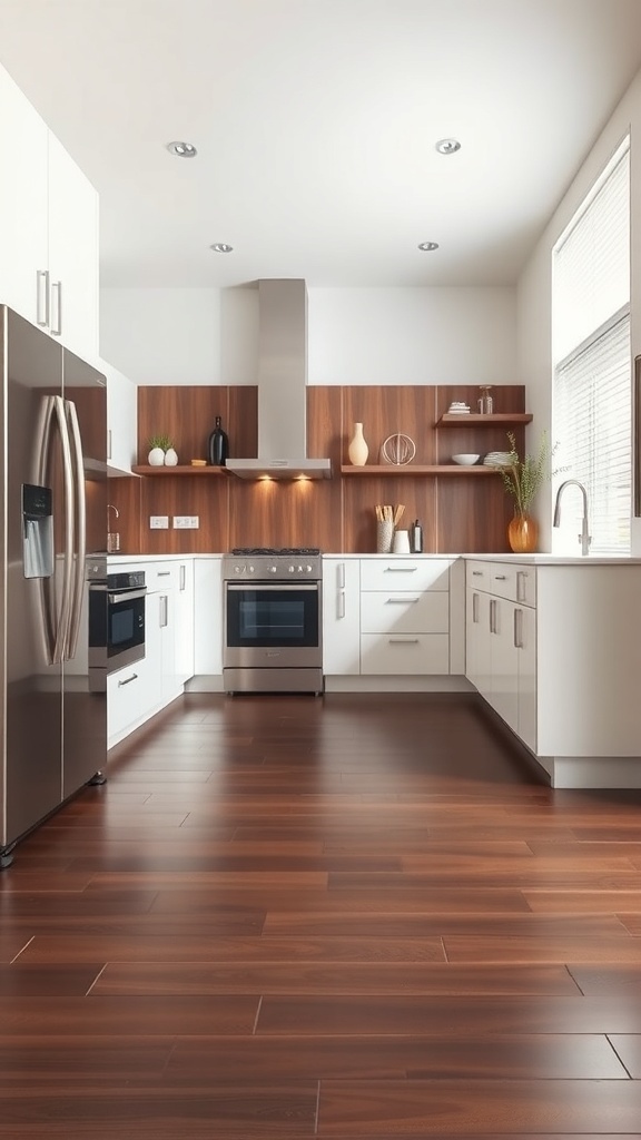 A modern kitchen featuring chocolate brown flooring, white cabinets, and stainless steel appliances.
