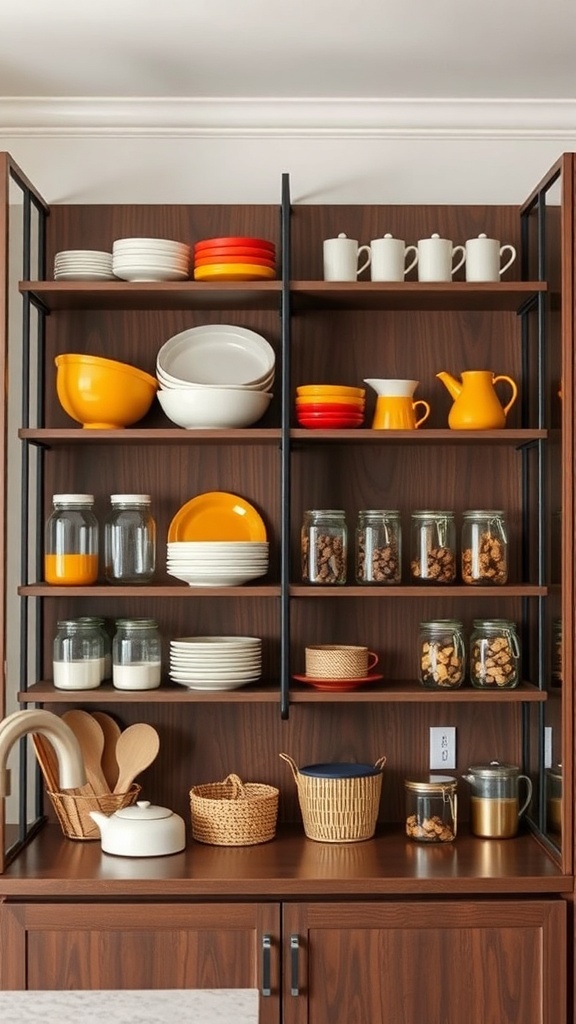 Open shelving in a brown kitchen displaying colorful dishes and jars