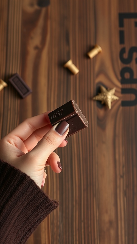 A hand holding a piece of chocolate with brown fingernail polish on a wooden surface.