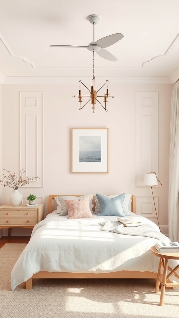 A serene master bedroom featuring soft pink and blue accents, a cozy bed, and warm lighting.