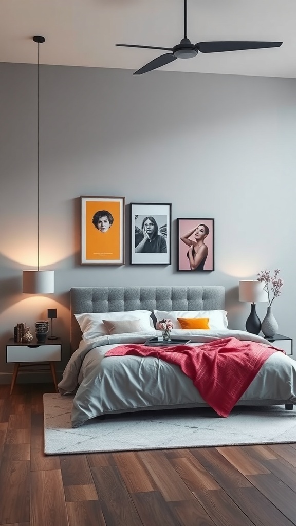 A modern bedroom featuring a gray bed, colorful throw, and stylish decor.