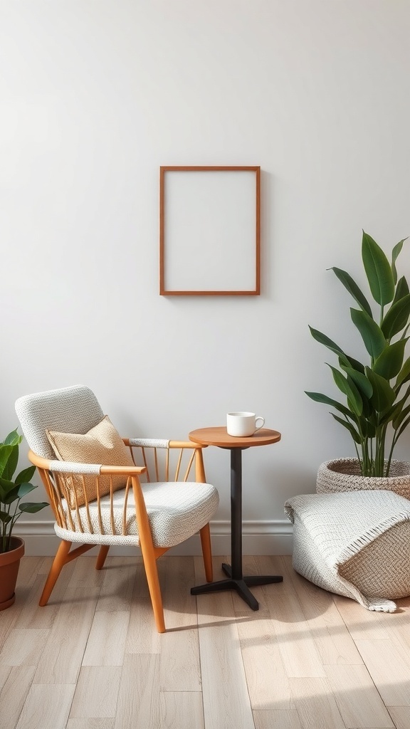 Cozy coffee nook with a comfortable chair, small table, and plants.