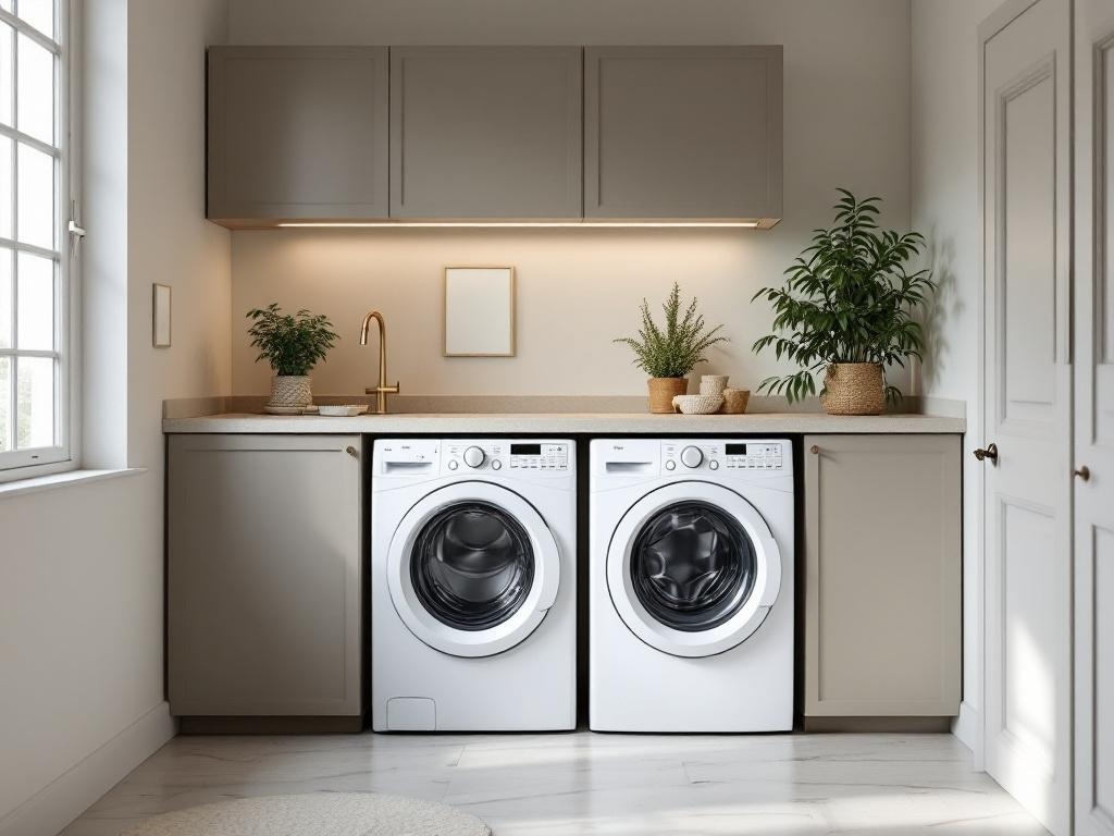 Compact washer and dryer in a small laundry room with modern decor and plants