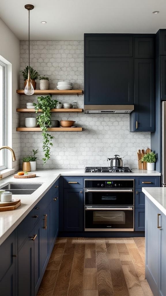 A modern kitchen with navy cabinets, wooden shelves, and a stylish backsplash.
