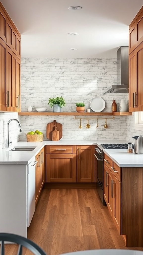 A modern kitchen with wooden cabinets, a white countertop, and wooden flooring.