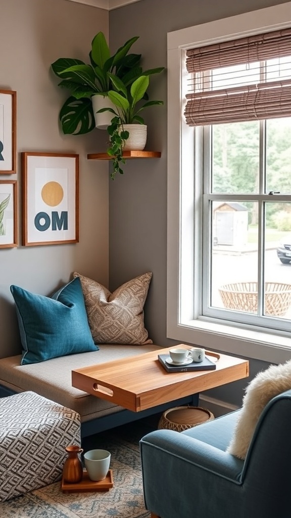 A cozy coffee nook with a wooden tray, coffee maker, and decorative elements.