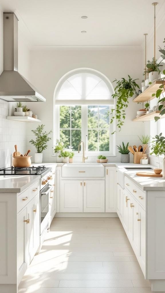 A bright and airy galley kitchen with white cabinetry, natural light from a large window, and plants on the shelves.