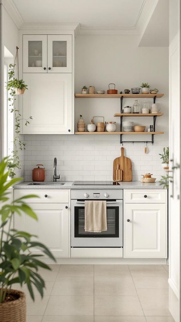 A small kitchen with white cabinetry, open shelving, and light tiles, featuring plants for a fresh look.