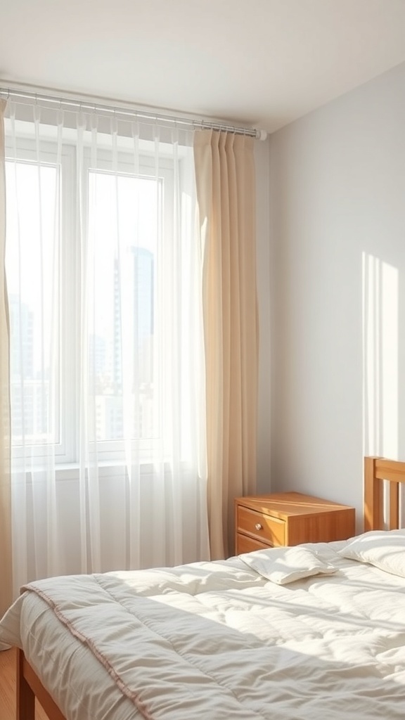 A small bedroom with light curtains allowing natural light to filter in.