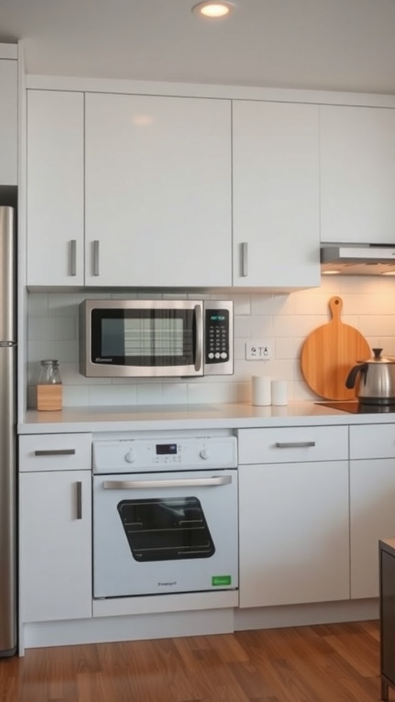 A modern apartment kitchen featuring a microwave, oven, and cutting board.