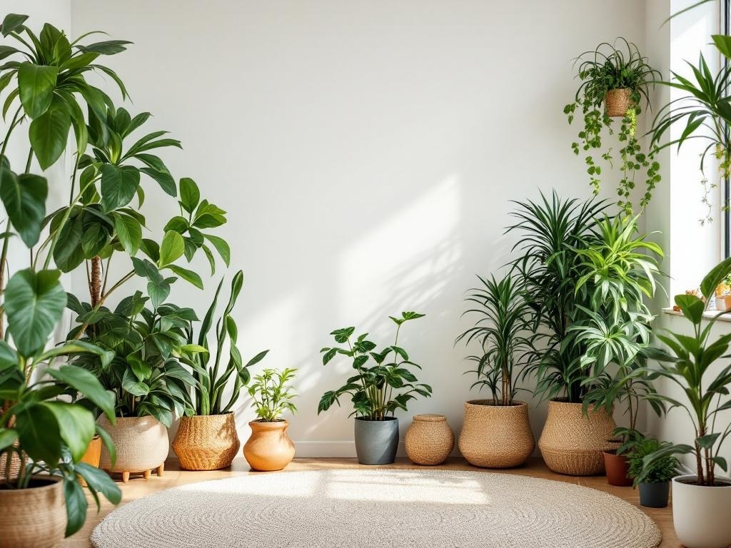 A bright room filled with various indoor plants in different pots, showcasing a cozy and inviting atmosphere.