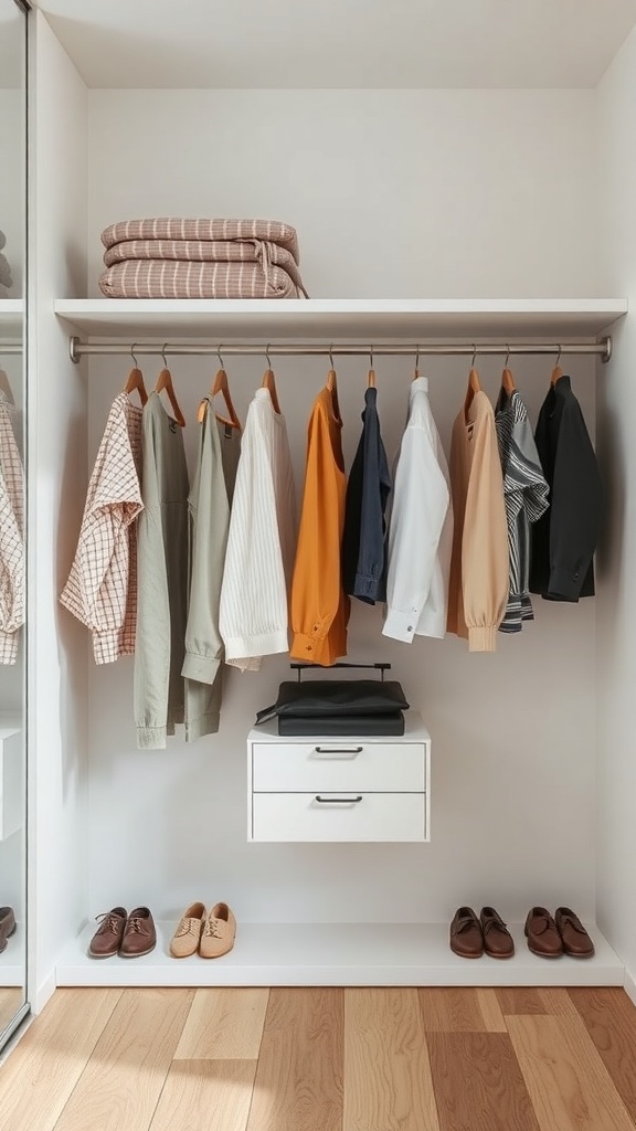 A minimalist closet with neatly hung clothes, a small drawer, and shoes arranged on the floor.